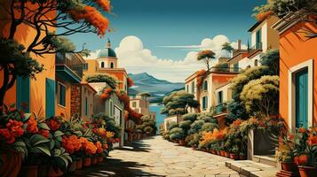 generativ ai, sommar stadsbild av Italien platt illustration. skön se av gata foto
