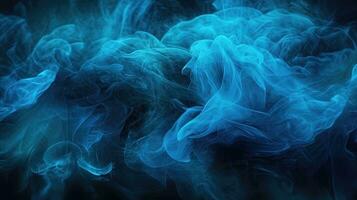 stormig Vinka av blå partikel textur måla, frammanande ånga och dimma på en mörk svart abstrakt bakgrund. skinande rök. glitter vätska. bläck vatten. magi dimma. ai genererad foto