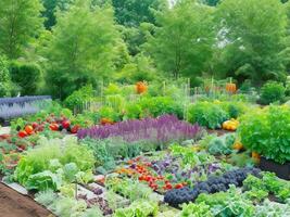 en vegetabiliska trädgård med många annorlunda typer av grönsaker ai genererad foto
