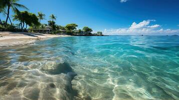 vit sandig strand på en tropisk ö och klar hav. paradis avskild ö. skapas med generativ ai foto