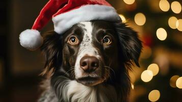 närbild porträtt av en söt hund i en röd santa claus hatt bland brinnande lampor på de bakgrund av en vinter- snöig landskap. ny år fest. snöflingor i de luft. generativ ai. foto