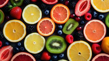 ljus bakgrund med kiwi frukt, grapefrukt och apelsiner. generativ ai. foto