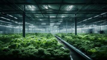 hydroponiska inomhus- vegetabiliska växt fabrik i utställning Plats lager. interiör av de bruka hydroponics. grön sallad odla. sallad roman växande i växthus med led blixt. generativ ai. foto