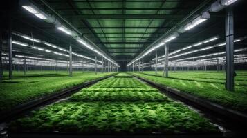 hydroponiska inomhus- vegetabiliska växt fabrik i utställning Plats lager. interiör av de bruka hydroponics. grön sallad odla. sallad roman växande i växthus med led blixt. generativ ai. foto