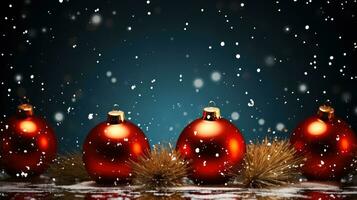 jul bakgrund med gran grenar och bollar på snö faller bakgrund. generativ ai. foto