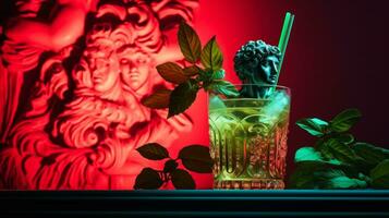antik staty i neon ljus med margarita cocktail modern begrepp bakgrund med en kopia Plats foto