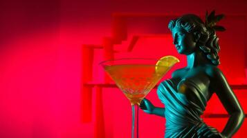 antik staty i neon ljus med daiquiri cocktail modern begrepp bakgrund med en kopia Plats foto