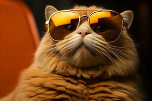 söt katt bär solglasögon och avkopplande på orange stol. generativ ai illustration. foto