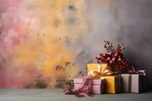 jul dekoration på grunge dekorativ rosa pastell stuck vägg. gåva lådor med kopia Plats. generativ ai illustration foto
