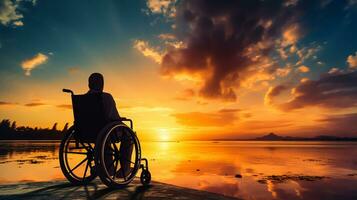 silhuett av Inaktiverad man på rullstol på de strand under solnedgång, disable dag foto