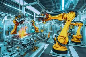 industriell svetsning robot ärm i produktion linje tillverkning växt, automatiserad robot ärm hopsättning linje tillverkning foto