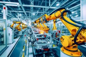 industriell svetsning robot ärm i produktion linje tillverkning växt, automatiserad robot ärm hopsättning linje tillverkning foto