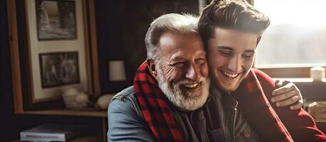 vuxen hipster son och gammal senior far njuter tid tillsammans på Hem bindning över deras skägg och delning ler lyckligt fira far s dag su foto