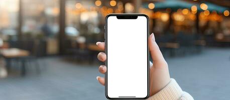 närbild se av en ung kvinna innehav en cell telefon med en tom skärm visning en social media app ad foto