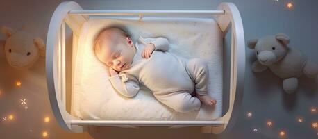 text Plats ovan se för förtjusande sovande bebis med napp i spjälsäng foto