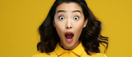 asiatisk kvinna leende med spänning uttrycker glädje och visa upp en produkt med uttrycksfull ansiktsbehandling uttryck isolerat på gul bakgrund foto