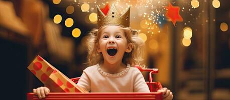 födelsedag firande med glad barn flicka bär en krona försäljning och rabatt för Semester handla detaljhandeln och fest förberedelser foto