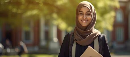 muslim kvinnor i utbildning en hijab bär studerande Framställ utomhus med böcker och en ryggsäck njuter fri tid på campus foto