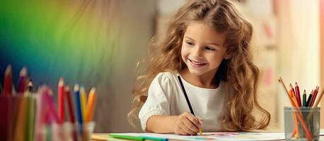 liten flicka målning på Hem Sammanträde på skrivbord med färgrik pennor och måla pennor sida se med Plats till kopia foto
