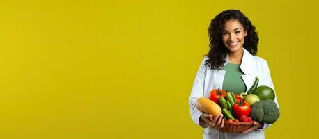charmig läkare klädd i vit innehav en skål av friska mat främja näring och wellness på en gul bakgrund foto
