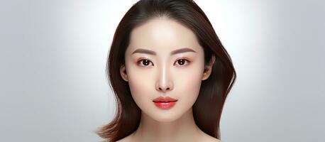 asiatisk modell flicka med smink och friska hud pekande till tömma vit Plats foto