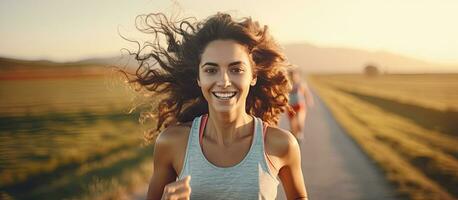 ung kvinna leende och joggning längs en Land väg strålande vitalitet i ett aktiva livsstil foto