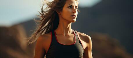 ung kvinna fullt utrustad i sportkläder Träning i de öppen luft foto