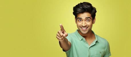 leende indisk man i 20s bär en gul t skjorta uppmuntrar du med en pekande finger foto