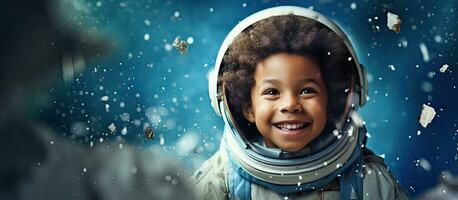 Lycklig liten svart pojke med en hemlagad raket spelar astronaut med vit handgjort stjärnor på en blå bakgrund uttrycker barndom kreativitet och bild foto