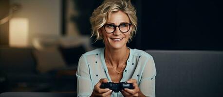 blond kvinna spelar video spel trösta på Hem leende och fira kopia Plats foto