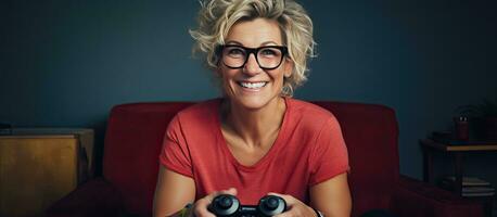 en Lycklig caucasian kvinna med glasögon spelar en video spel trösta på Hem leende och fira en vinna foto
