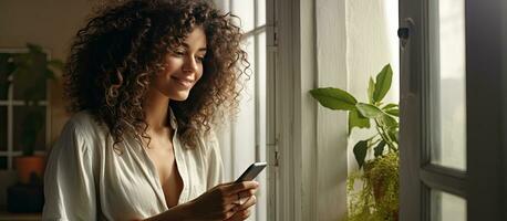 ung kvinna använder sig av telefon förbi fönster kontroll dejting app skön hår Hem interiör foto