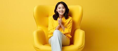 asiatisk kvinna med mobil telefon Sammanträde på stol ser på gul bakgrund foto