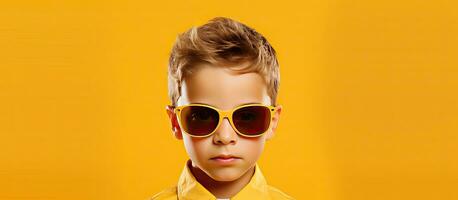 caucasian pojke med solglasögon på gul bakgrund representerar medvetenhet och skydd foto