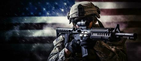 sammansatt bild av en caucasian soldat siktar pistol mot en svart bakgrund representerar väpnad krafter dag och de begrepp av firande hedra och pa foto