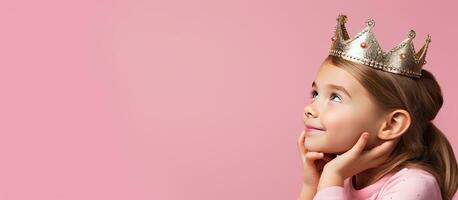 Lycklig ung flicka bär leksak krona Framställ över rosa bakgrund ser åt sidan med drömmande uttryck foto