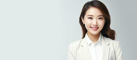 framgångsrik asiatisk affärskvinna med läsplatta på vit bakgrund foto