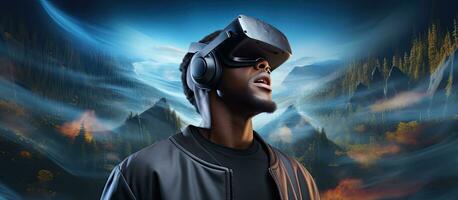 svart man bär vr headsetet utforska virtuell verklighet värld med tömma Plats på de vänster för kopia foto
