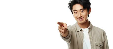 asiatisk kille pekande fingrar bort i vit studio bakgrund för din text eller logotyp foto