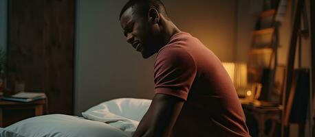 afrikansk amerikan man med tillbaka och nacke smärta i säng Plats foto