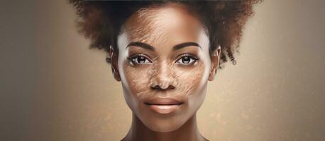 digital sammansatt porträtt av ett afrikansk amerikan kvinna med smink terar text för internationell hud pigmentering dag foto