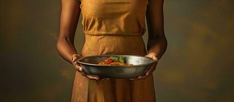 afrikansk amerikan kvinna matlagning på Hem med en panorera och som visar en kopia Plats på henne handflatan medan stående självsäkert foto