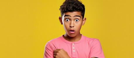 latinamerikan pojke i rosa ärmlös skjorta poäng rätt rekommenderar produkt ser förvånande sak foto