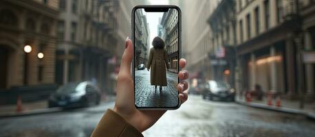 Lycklig flicka med smartphone i upptagen stad gata foto