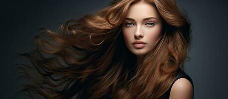 ung eleganta kvinna med lång tjock hår Framställ mot grå studio bakgrund vänster Plats för reklam hårvård Produkter begrepp foto