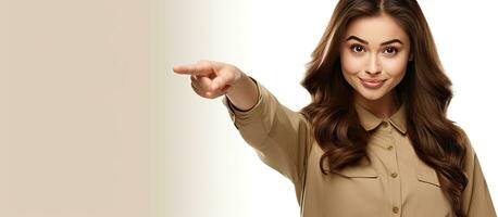 upphetsad flicka pekande med finger isolerat vit bakgrund reklam begrepp foto