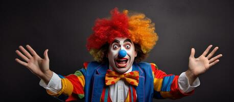 porträtt av en komisk clown man i en färgrik kostym med en chockade uttryck Framställ i olika sätt på en isolerat bakgrund foto