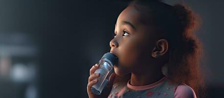 afrikansk flicka med astma mottar inhalator från bekymrad mamma foto