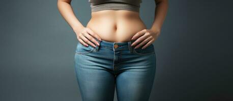 kvinna visning vikt förlust resultat i gammal jeans mot en grå bakgrund foto