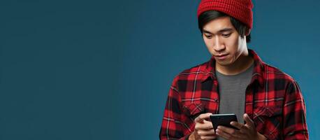 omtänksam ung man av asiatisk härkomst i en mössa och röd flanell skjorta överväger medan innehav telefon på blå bakgrund foto